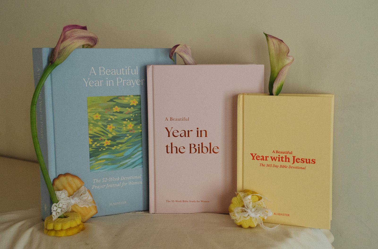 A Beautiful Year in Prayer, in the Bible, and with Jesus, styled with calla lilies