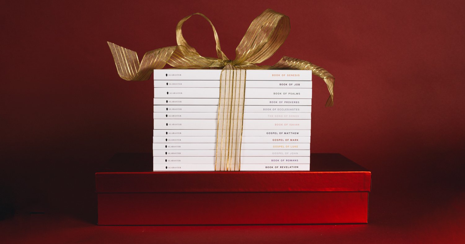 Alabaster Bibles wrapped with ribbon