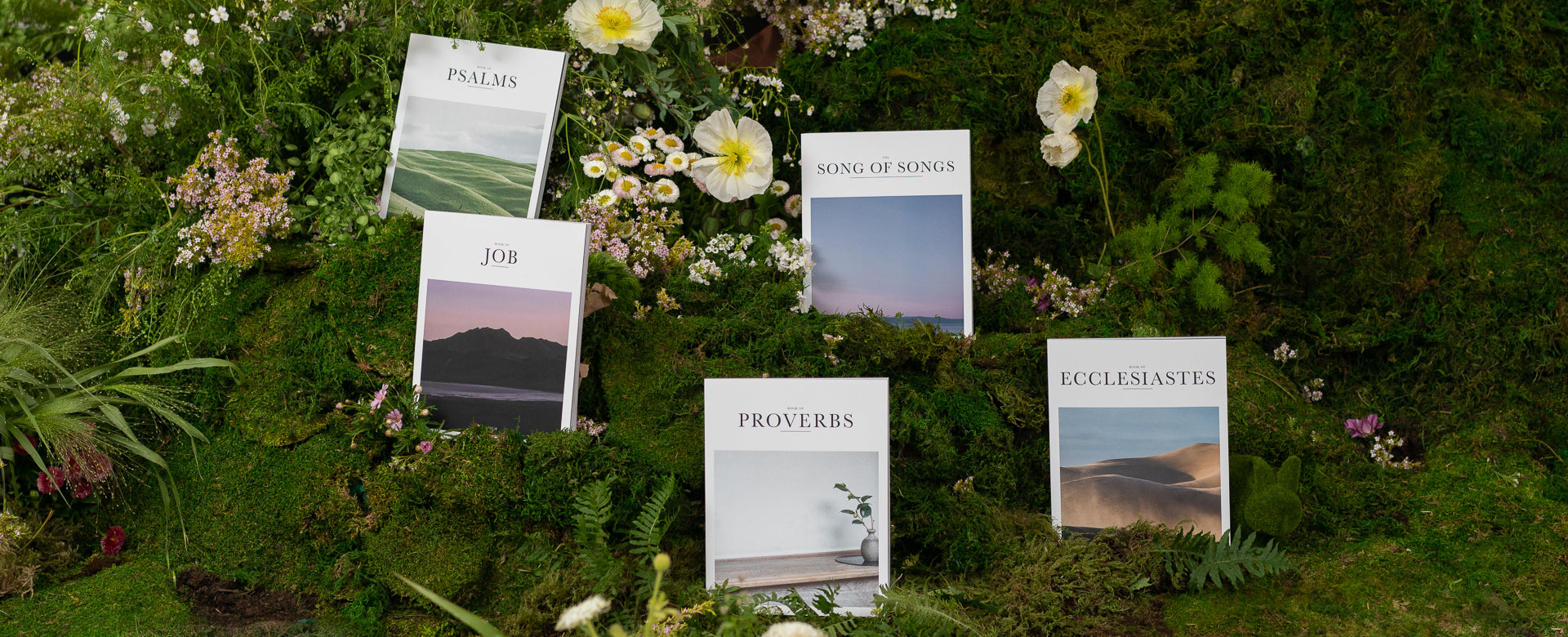 Alabaster books in grass setting